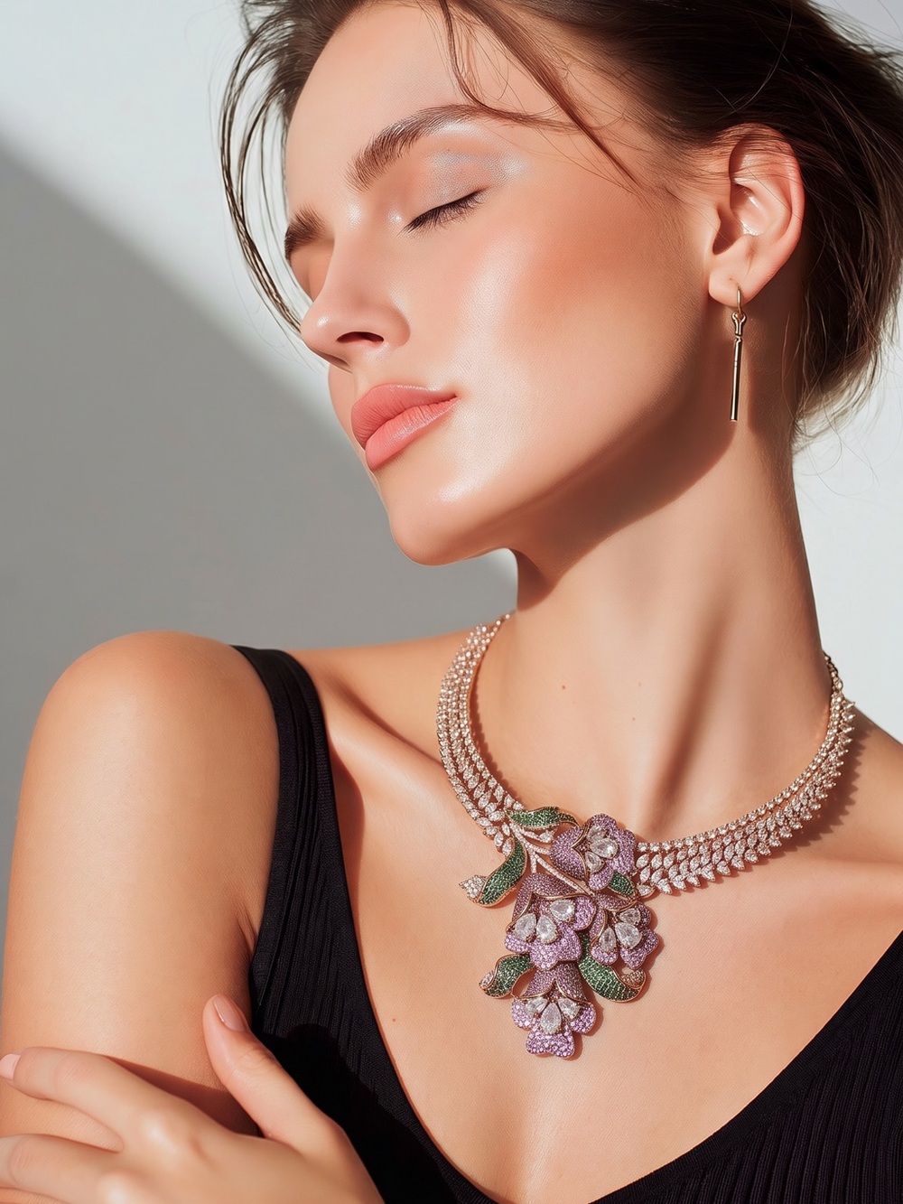 Lux Floral Crystal Statement Necklace set in Pink and Green